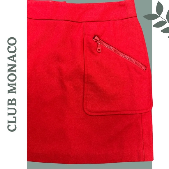 Club Monaco Red Wool-Blend Lined Mini Skirt, Back Zip, Pocket — Size 0 - Picture 3 of 9